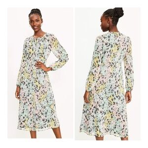 LOFT Garden Pastel Floral Puffed Shoulder Button Front Midi Shirtdress Size 14
